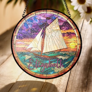 Sunset Sailboat Stained Glass Suncatcher – Personalized Nautical Window Hanging, Ocean Sail Gift, Custom Coastal Home Decor
