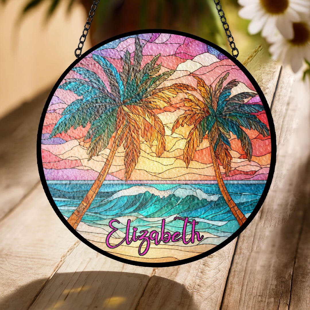 Tropical Palm Tree Suncatcher – Personalized Faux Stained Glass Window ...