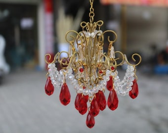 Handcrafted Luxury Mini Chandelier with Red and Clear Beads, Perfect for Dollhouse, Baby Shower, or Garden Decor