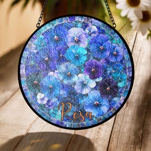 Purple Pansy Stained Glass Suncatcher – Personalized Window Hanging Floral Ornament Gift for Garden Lover or Birthday