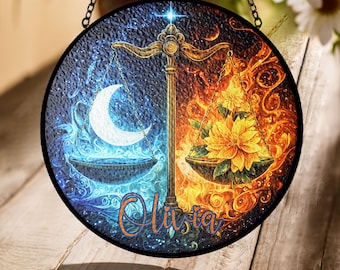Libra Zodiac Stained Glass Suncatcher – Personalized Balance Scales Acrylic Window Ornament, Astrology Gift for Libra Season