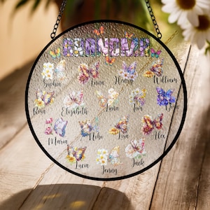 Personalized Butterfly Suncatcher for Grandma – Faux Stained Glass Ornament – Custom Floral Gift for Nana, Mom, Mother’s Day