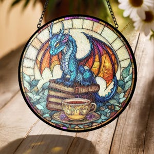Dragon Stained Glass Suncatcher – Fantasy Faux Glass Ornament – Book Dragon & Tea Cup Design – Gift for Readers, Gamers, Dragon Lovers
