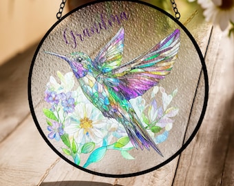Hummingbird Stained Glass Suncatcher – Faux Glass Ornament – Personalized Gift for Grandma, Mom, Memorial or Birthday – 2 Style Options
