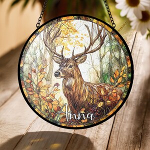 Deer Stained Glass Suncatcher – Autumn Forest Buck Window Ornament, Rustic Woodland Wildlife Gift, Personalized Hunter Decor