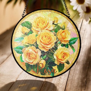 Personalized Yellow Rose Stained Glass Suncatcher – Custom Floral Window Hanging Gift for Mom, Grandma, Wife, or Garden Lover
