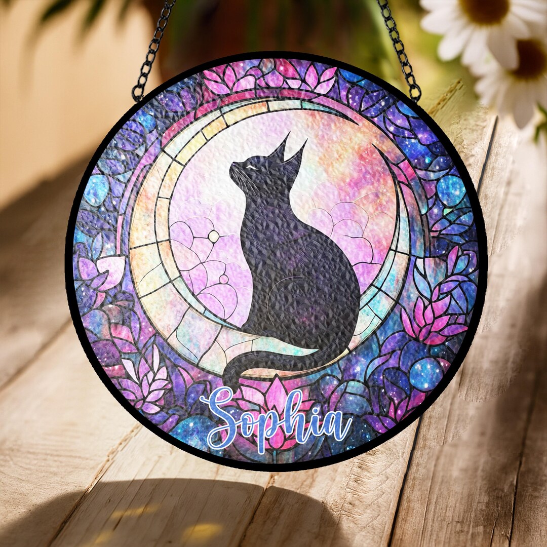Black Cat Stained Glass Suncatcher – Personalized Gothic Moon Window ...