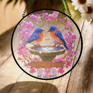 Custom Bluebird Couple Stained Glass Suncatcher – Personalized Love Birds Window Hanging, Romantic Gift for Couples, Anniversary Decor