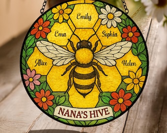 Personalized Grandma Bee and Grandkid Name Suncatcher | Grandma’s Hive Stained Glass | Mother’s Day Gift | Nana Gift | Mom Gift