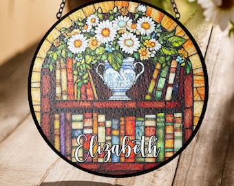 Bookshelf and Daisy Stained Glass Suncatcher – Personalized Faux Glass Window Art for Book Lovers, Floral Library Home Decor