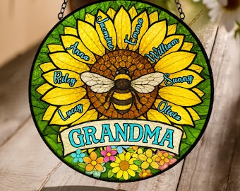 Personalized Grandma Bee and Grandkid Name Sunflower Suncatcher | Grandma’s Garden Stained Glass | Mother's Day Gift | Nana Gift | Mom Gift