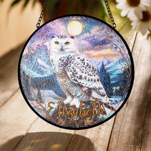 Snowy Owl Stained Glass Suncatcher – Personalized Winter Owl Ornament, Arctic Mountain Scene, Custom Wildlife Window Hanging