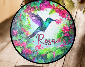 Personalized Hummingbird Floral Stained Glass Suncatcher – Custom Window Hanging Gift for Bird Lovers, Gardeners & Nature Home Decor