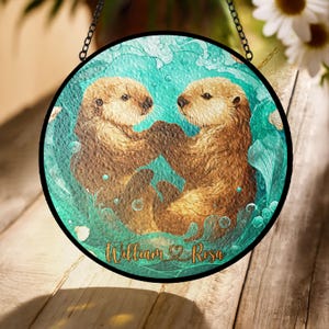 Custom Otter Couple Stained Glass Suncatcher – Personalized Sea Otters Holding Hands, Cute Romantic Gift, Ocean Animal Window Decor
