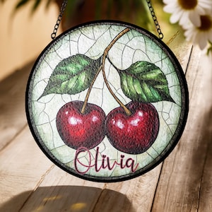 Attrape-soleil en vitrail cerise - Ornement de fenêtre acrylique fruité personnalisé à suspendre, joli cadeau d&#39;été pour un ami ou une décoration de cuisine