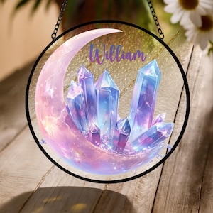 Kristall Mond Sonnenfänger | Faux Glas Halbmond mit Kristallen | Spirituelle Kristalldeko | Personalisierte Boho Fensterschmuck