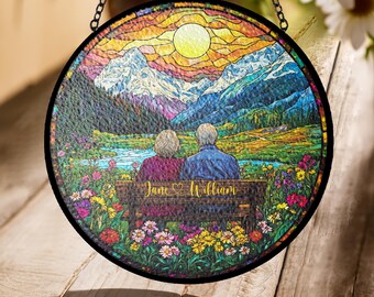Custom Couple Stained Glass Suncatcher – Faux Glass Sunset & Mountain Scene – Personalized Gift for Anniversary, Parents, Grandparents