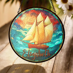 Sailboat Stained Glass Suncatcher – Personalized Nautical Window Hanging, Custom Name Ocean Scene Gift for Sailors & Ocean Lovers