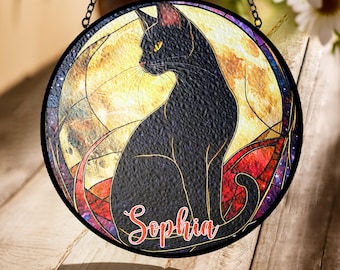 Black Cat on Full Moon Stained Glass Suncatcher – Personalized Halloween Window Hanging, Mystical Cat Decor for Gothic and Witchy Homes