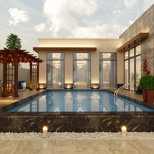 May include: A modern home with a swimming pool and a wooden pergola with string lights. The pool is surrounded by white pebbles and the home has large windows.