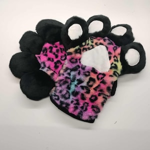 Regenbogen Leopard & schwarze Handtatzen. Pelzanzug Handschuhe. Flauschige Pfoten Handschuhe mit Krallen.
