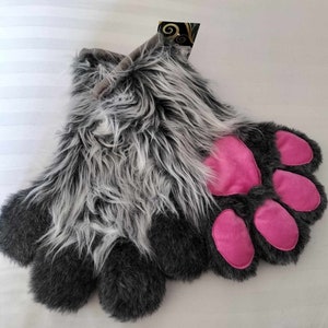 Grey hand paws. Fur suit gloves. Fluffy paw gloves.