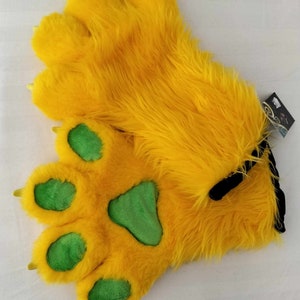Yellow hand paws. Fur suit gloves. Fluffy paw gloves with claws.