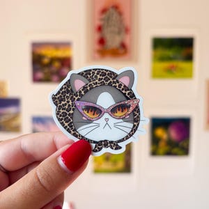 Peut inclure: Autocollant représentant un chat de dessin animé avec une capuche et des lunettes de soleil à imprimé léopard. Le chat a un visage blanc, des oreilles grises et un nœud papillon rose. Les lunettes de soleil sont roses avec des flammes orange.