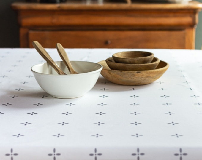 Featured listing image: French cotton tablecloth from the Vosges. Gray petals on a white background.