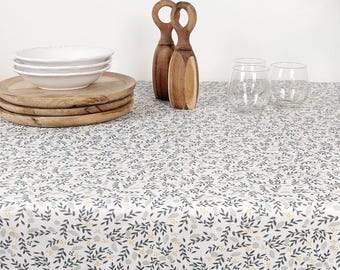 Floral French Coated tablecloth, white, blue and yellow