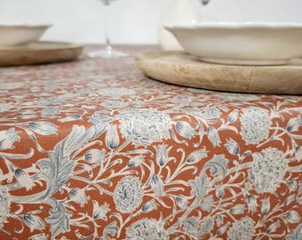 Terracotta Oilcloth Tablecloth – Blue Floral Pattern, Waterproof