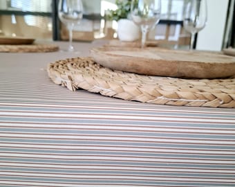 Coated tablecloth in Vosges cotton with blue/grey and mocha stripes