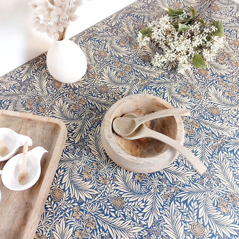 Coated tablecloth in hazel blue and beige cotton. Rectangle, square, round, oval tablecloth, custom dimensions. French made image 2