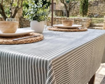 Green striped coated tablecloth in Vosges cotton.