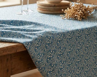 Easy-care blue and white coated Indian tablecloth
