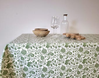 Easy-care coated tablecloth | green Indian patterns | French Vosges cotton | Custom-made "Oeko-Tex"