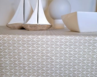 Beige and white geometric patterned cotton coated tablecloth