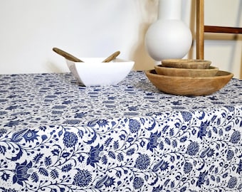 Coated cotton tablecloth from Vosges with royal blue Indian patterns