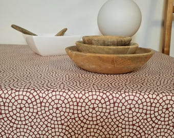 Coated cotton tablecloth from Vosges with red and white mosaics