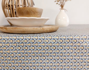Coated tablecloth with geometric patterns, blue and yellow
