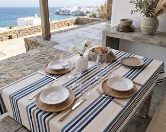 Coated tablecloth with blue and taupe stripes on an ecru background.