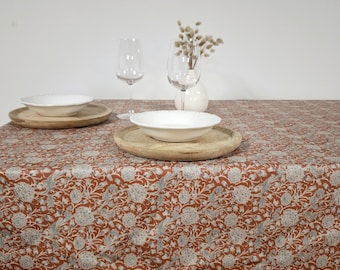 Terracotta coated tablecloth – Blue floral pattern. Pre-order. Ships October 5th