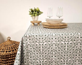 Coated Tablecloth – Green Block Print Look – Waterproof Cotton – French Farmhouse Style – Stain-Resistant – Made in France