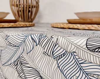 White and blue coated tablecloth