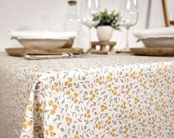 Yellow and Gray Floral French Tablecloth – Wipeable Coated Cotton – Cottage Chic Waterproof Table Cover – Made in France