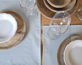 Sky blue washable placemats in coated cotton with sky and white stripes.