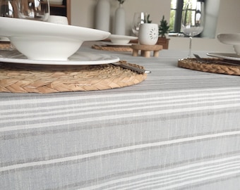 Grey, blue, cream striped cotton tablecloth