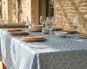 Easy-care blue and white coated Indian tablecloth