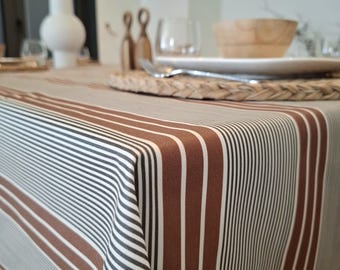 Coated striped cotton tablecloth from the Vosges. Round, square, rectangular, oval, custom-made tablecloths.