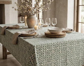 Coated Tablecloth – Green Block Print Look –